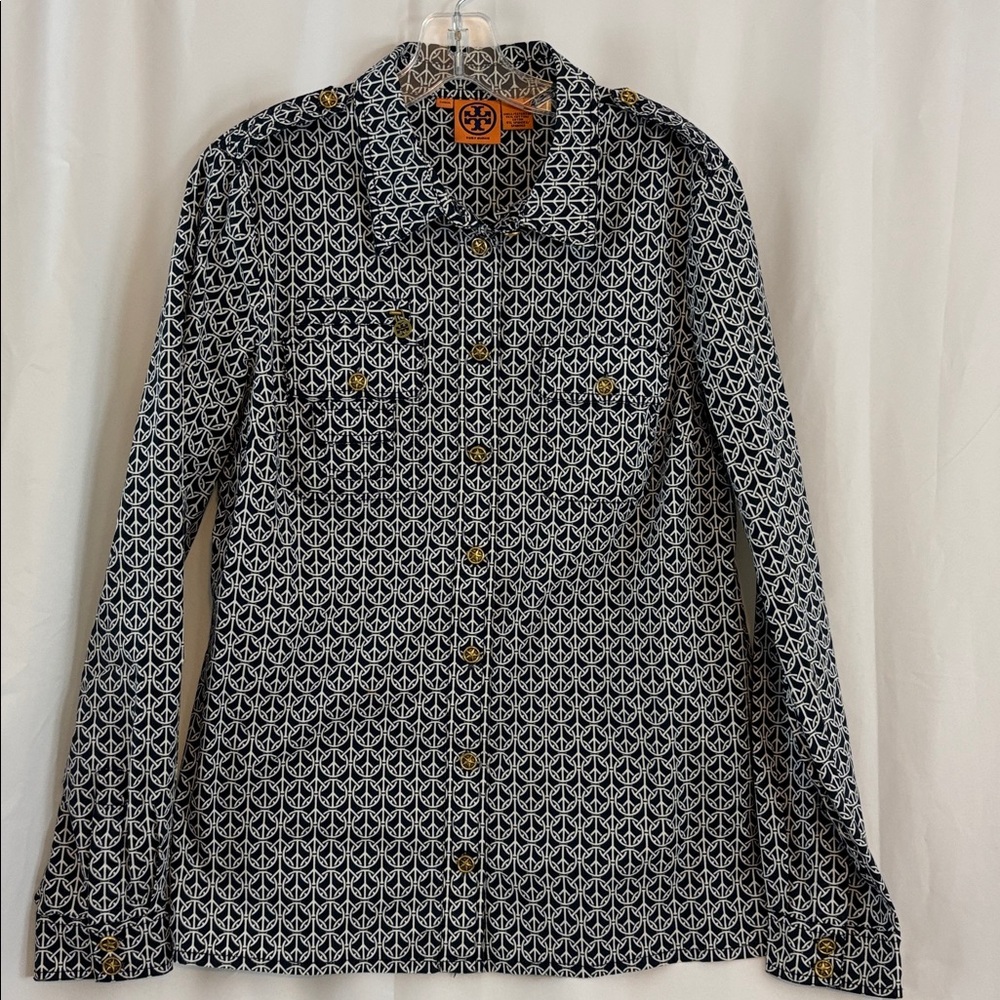 Tory Burch Navy and White Geometric Button Down Shirt